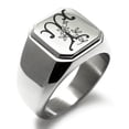 thumbnail image 1 of Stainless Steel Letter T Initial Floral Monogram Engraved Engraved Square Flat Top Biker Style Polished Signet Ring, 1 of 1