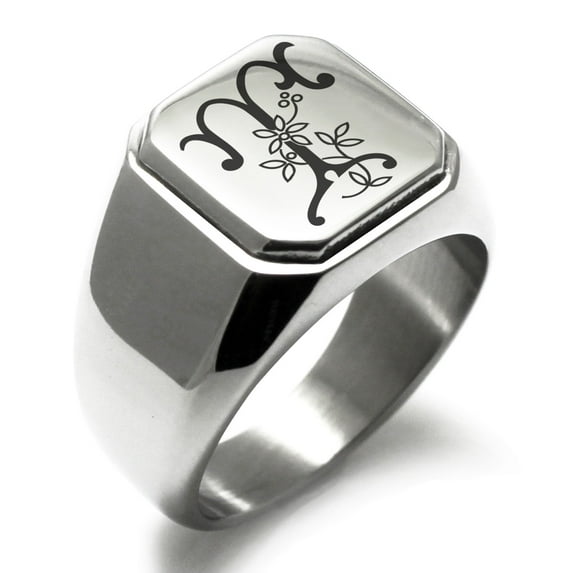 Stainless Steel Letter T Initial Floral Monogram Engraved Engraved Square Flat Top Biker Style Polished Signet Ring