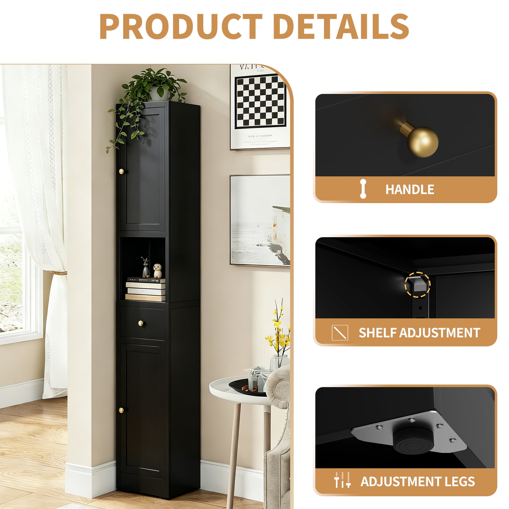 Leumius 71 Inch Tall Bathroom Storage Cabinet,Freestanding 5-Tier Narrow Metal Cabinet with 2 Doors & Adjustable Shelves for Kitchen Living Room Bathroom,Black