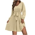 thumbnail image 2 of Lmnyox Women's Flare Mini Dress Long Sleeve V Neck Short Dress Flowy Pleated Summer Casual Dress, 2 of 7
