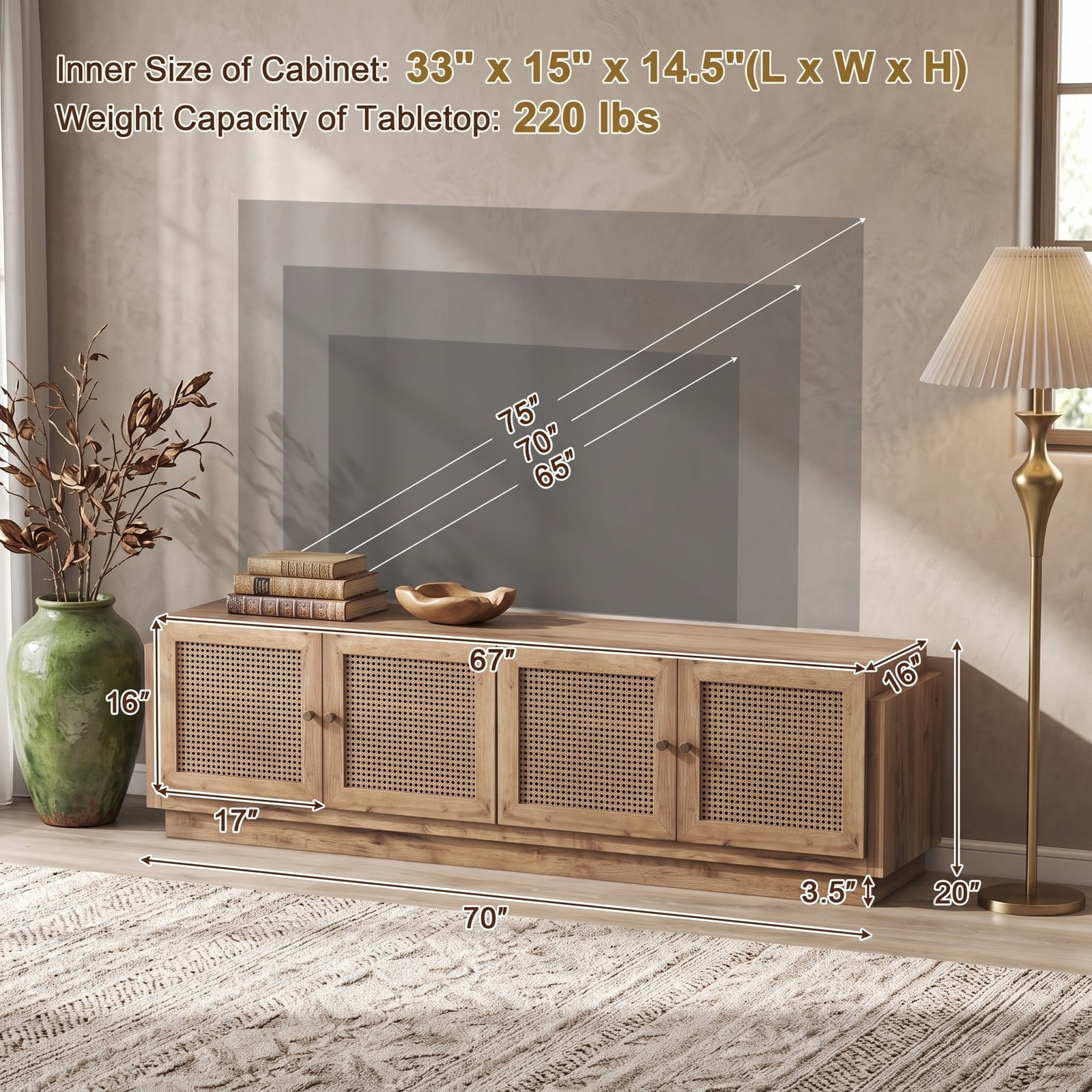 Furnibear Farmhouse TV Stand for TVs up to 75 Inches, 70 Inch Entertainment Center with PE Rattan Cabinet Doors and Adjustable Shelves, Rattan Media Console for, Oak