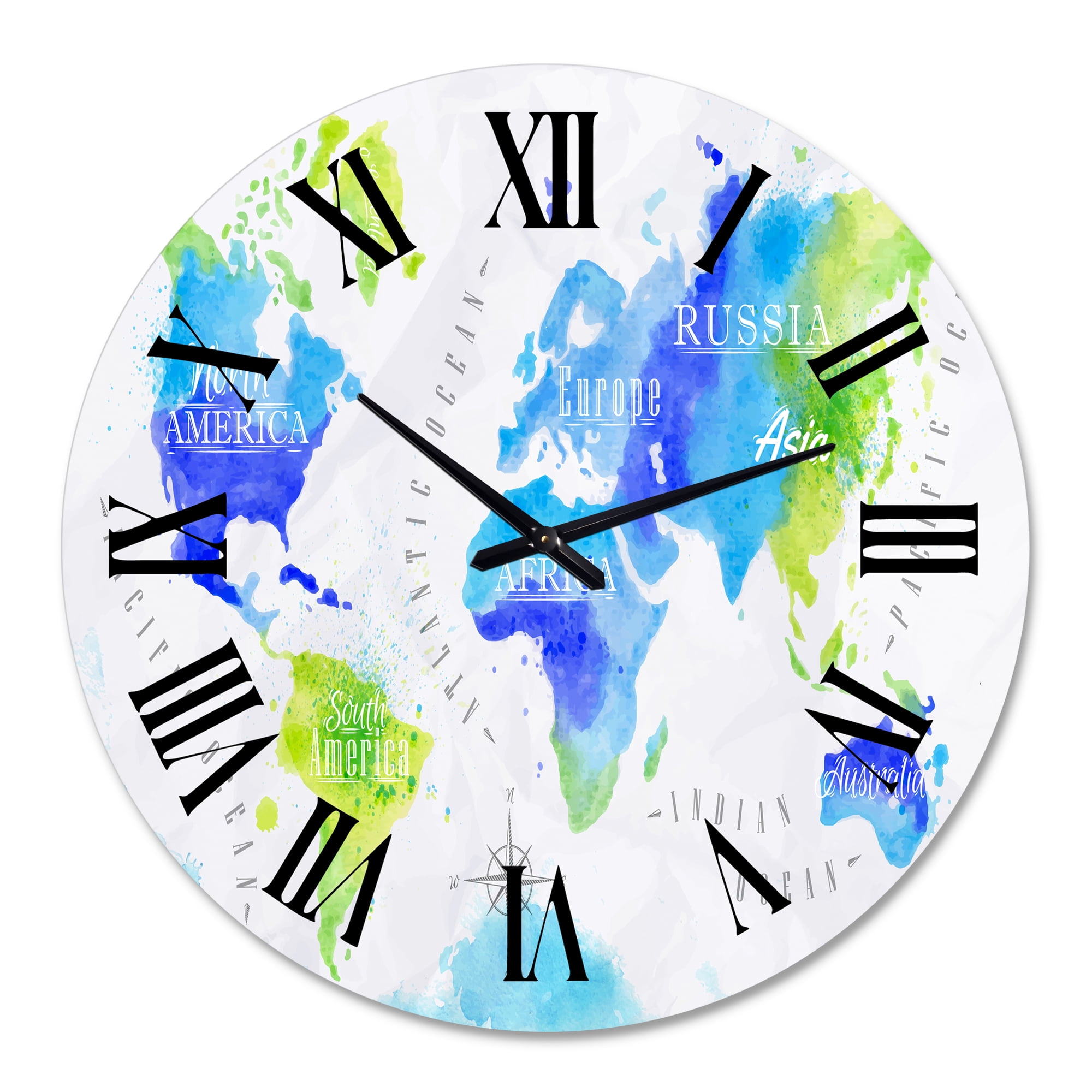 Designart 'World Map In Green And Blue' Modern Wall Clock
