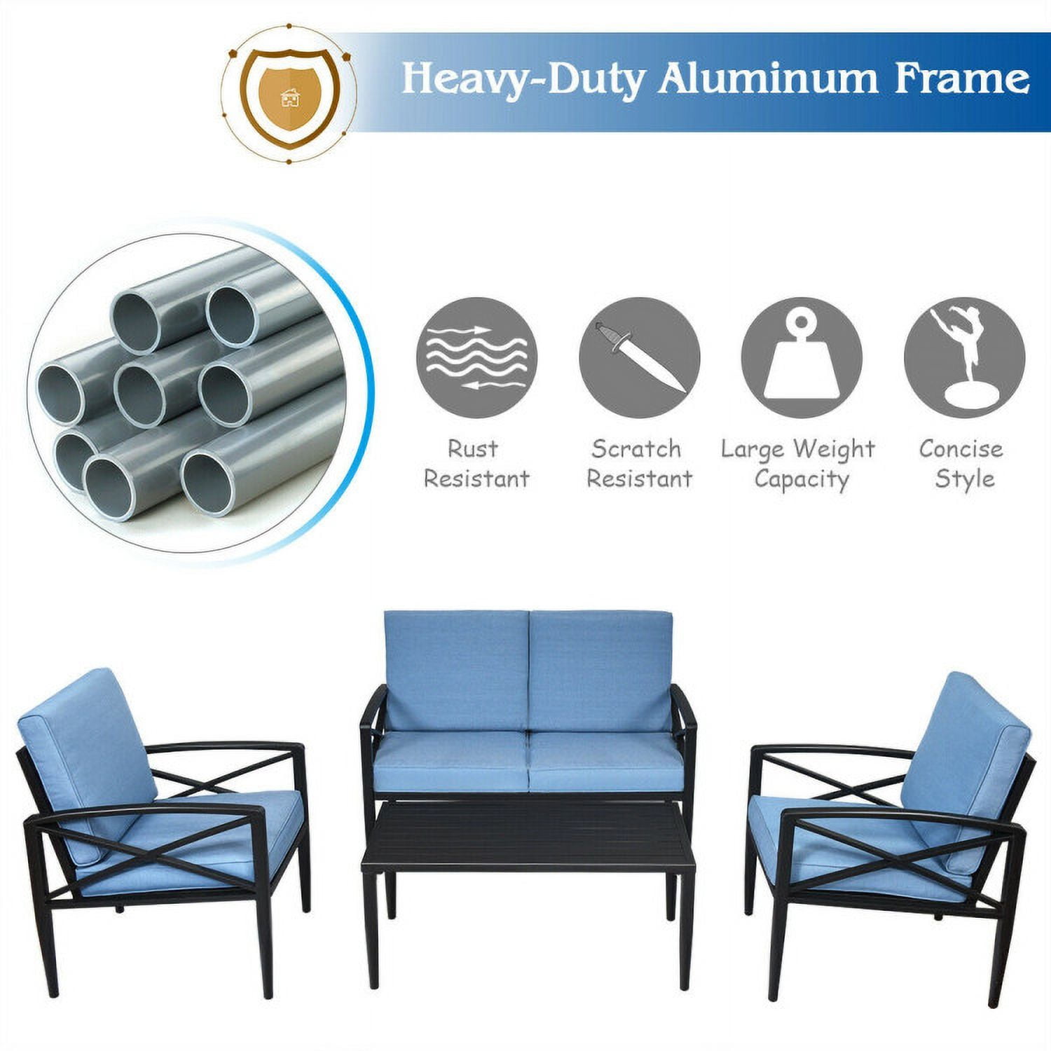 Aimee Lii 4 Pieces Patio Furniture Set, Aluminum Frame Cushioned Sofa, Small Patio Set, Blue