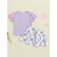 thumbnail image 3 of Suealasg Toddler Baby Girl Clothes Set Mesh Short Sleeve Round Neck Ribbed Tops + Floral Checkerboard Print Skirt Set 1T 2T 3T 4T 5T 6T Little Girls Summer 2Pcs Outfits, 3 of 7