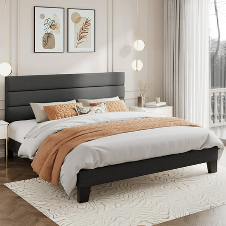 Amolife King Size Fabric Upholstered Platform Bed Frame with Headboard, Dark Grey
