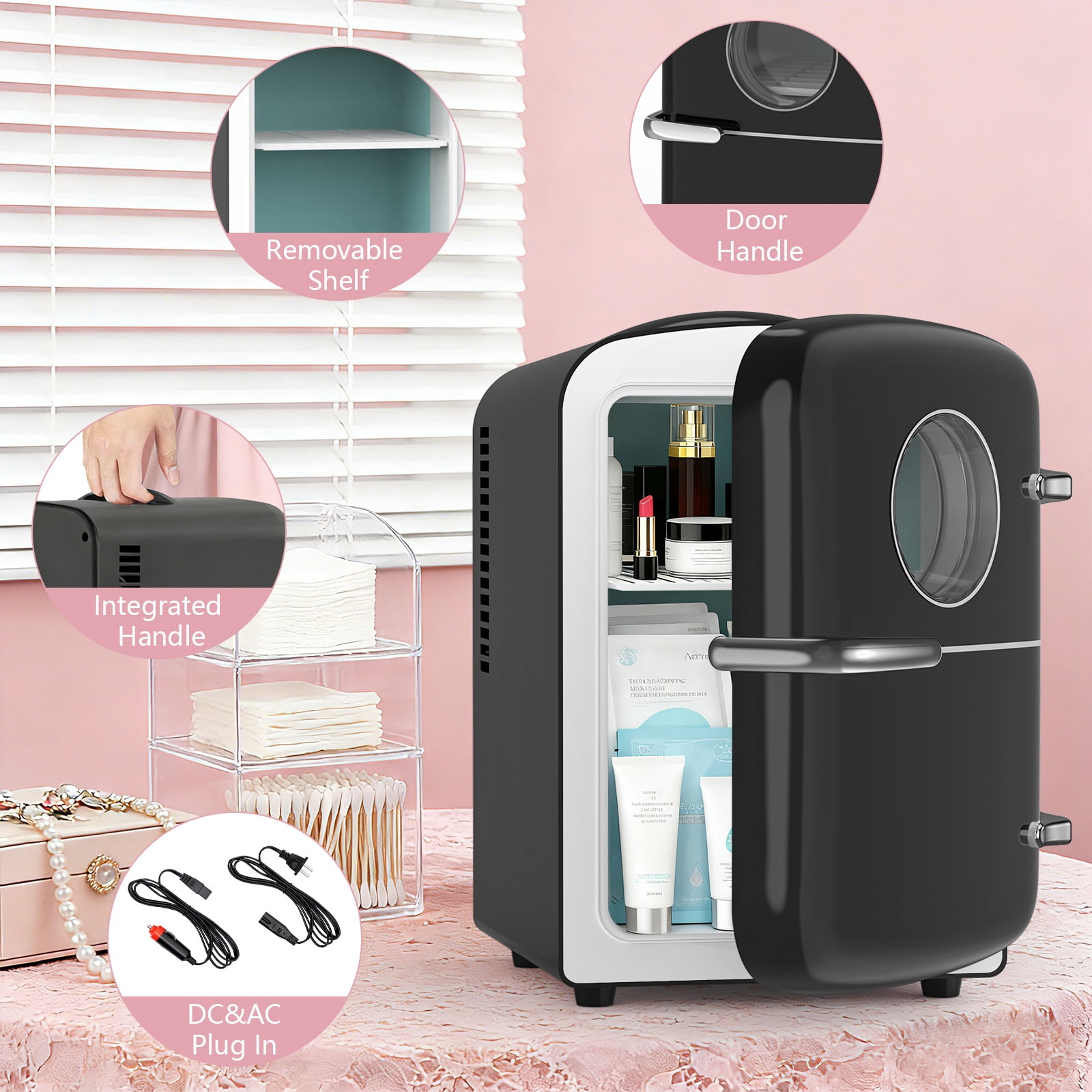 KNDKO Mini Fridge, 4L/6 Cans Cooler and Warmer Compact Refrigerator Skincare, Makeup & Drink, Portable Desk Fridge for Car, Office, Dorm, Black