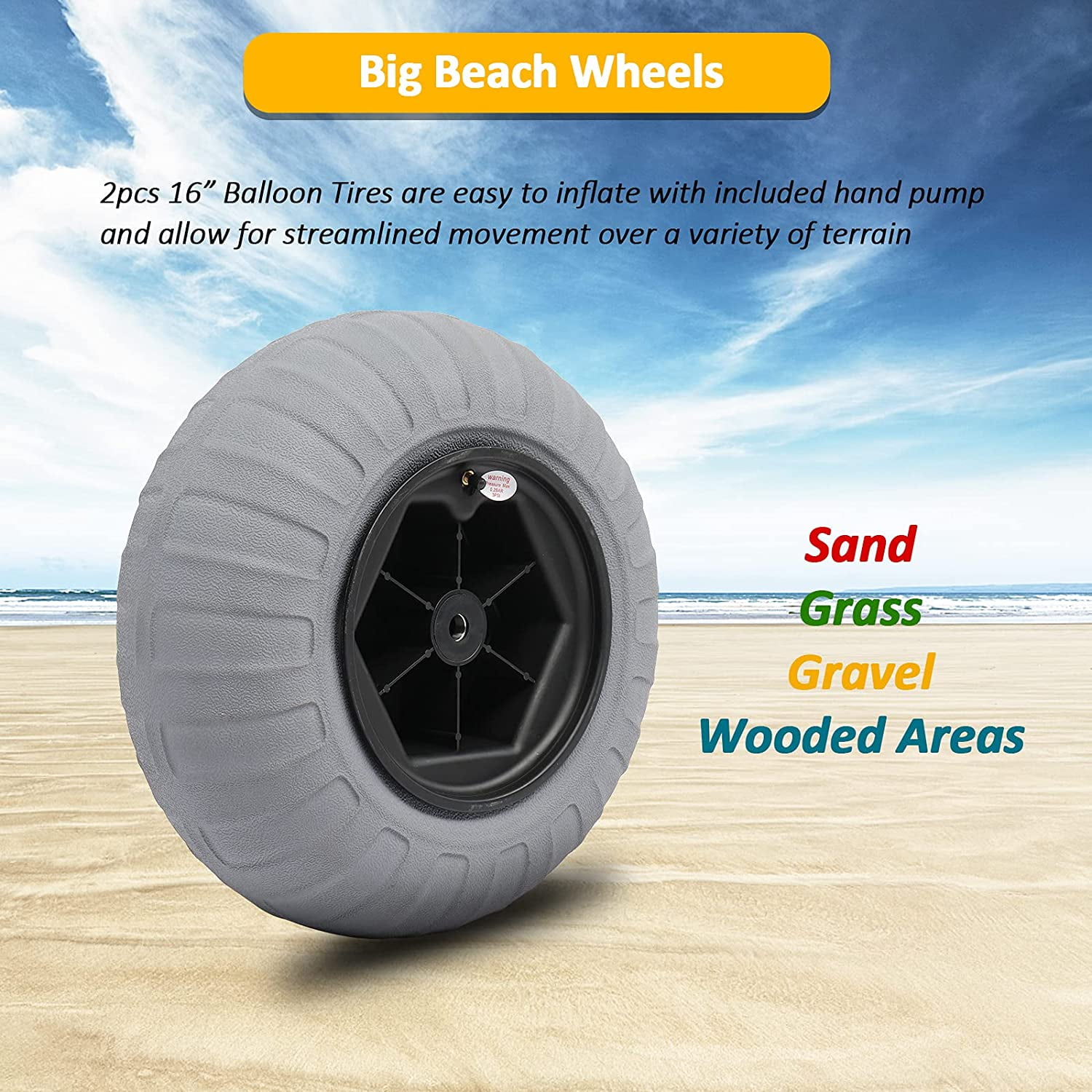 Bonnlo Balloon Wheels 16 Replacement Big Beach Sand Tires Axle 20mm, 25mm  Diameter for Kayak Dolly Canoe Beach Fishing Buggy Cart DIY Beach Wheels  with Bearing Free Air Hand Pump 2 Pack 