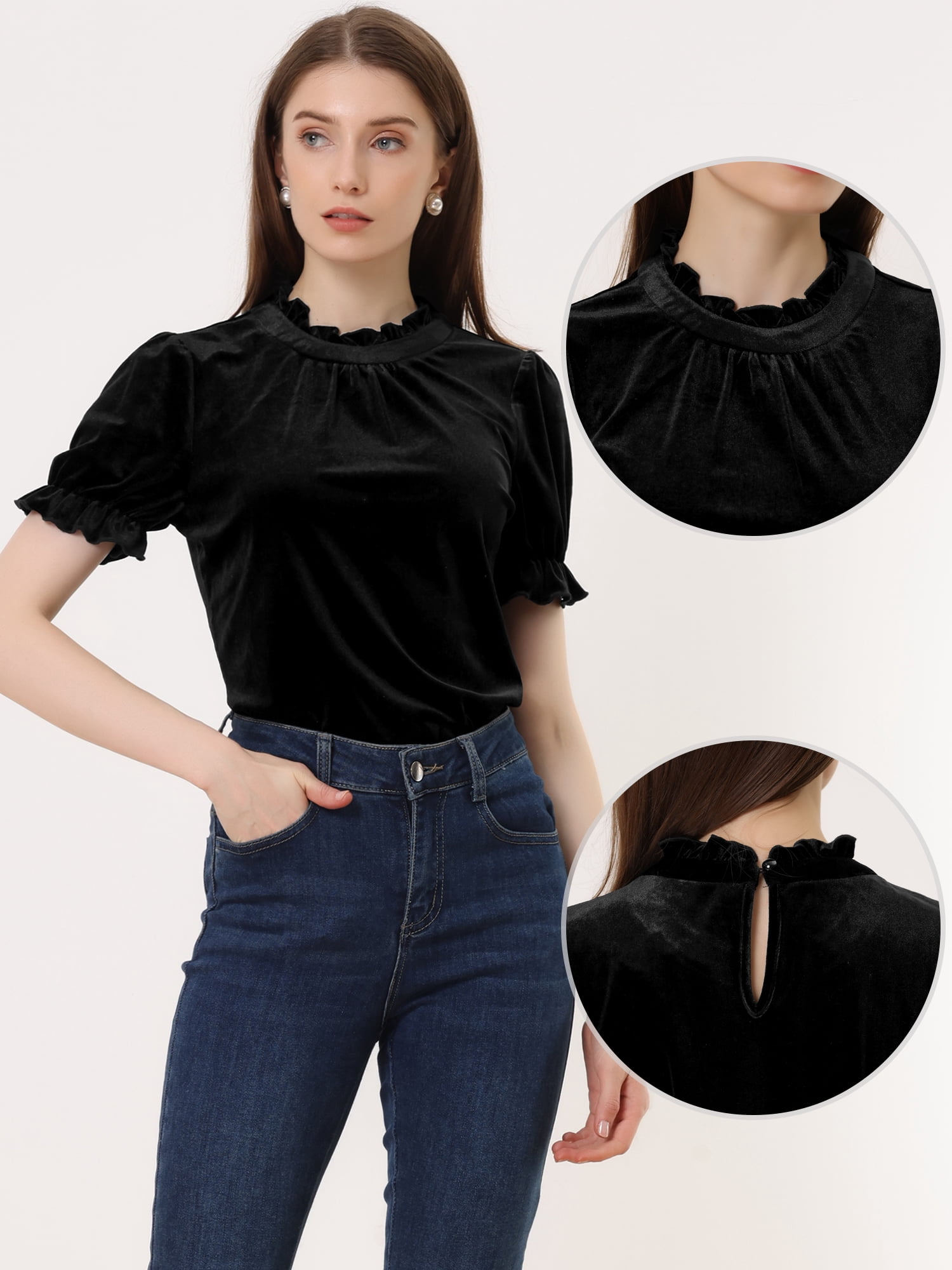 DARING DIVA Women's Ruffle Collar Shirt Velvet Tops Blouse XL Black