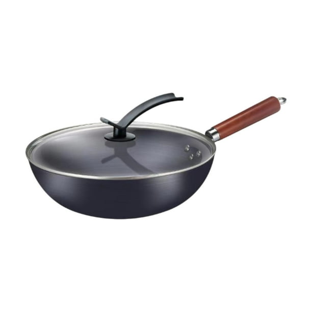 Pan con la de frito de hierro fundido Wok sin recubrimiento Freedphera Bottom Fry Fry Sáute Pan para comida Freing Stewing Meat Con tapa de vidrio