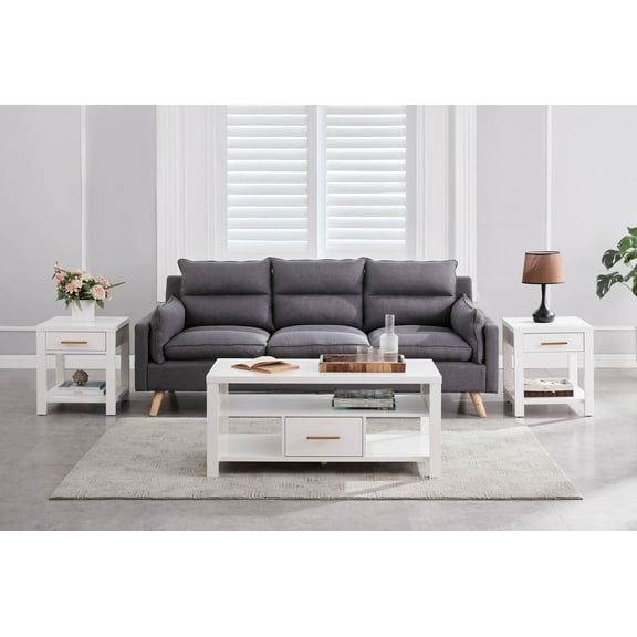 Pilaster Designs Duquette 3 Piece Wooden Living Room Table Set, White/Gold