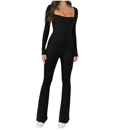 

Women Long Sleeve Bodysuit Jumpsuit Square Neck Ribbed Shapewear Flare Bootcut Workout Yoga Leggings Rompers