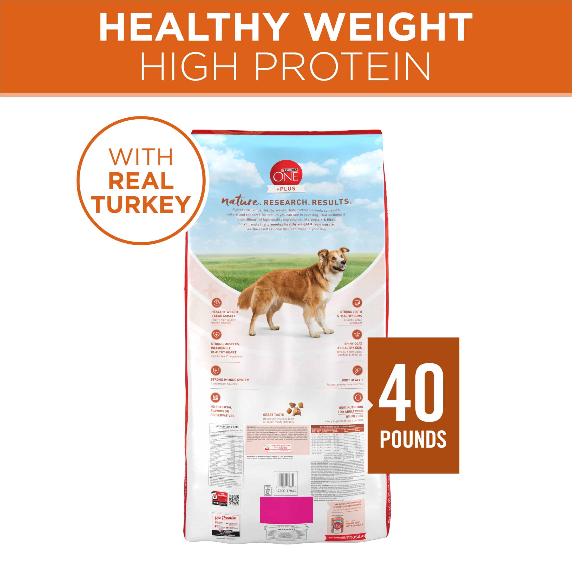 Purina One +Plus Dry Dog Food High Protein Healthy Weight, Real Turkey 40 lb Bag