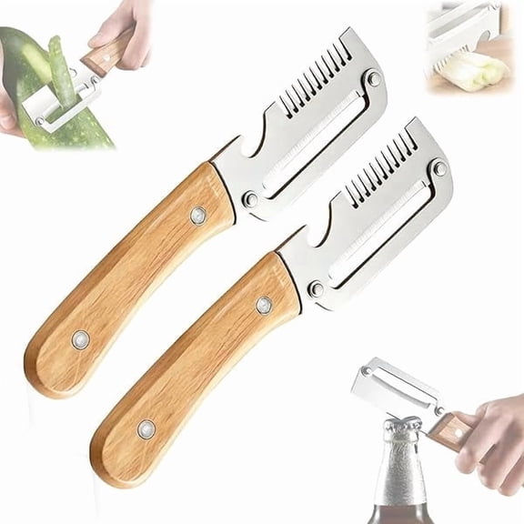 Elite Peeler Knife, 2-in-1 Serrated Peeling Knife Premium Vegetable Peeler, Multifunctional Vegetable Peeler with Wooden Handle and Bottle Opener for Kitchen (2pcs,B)