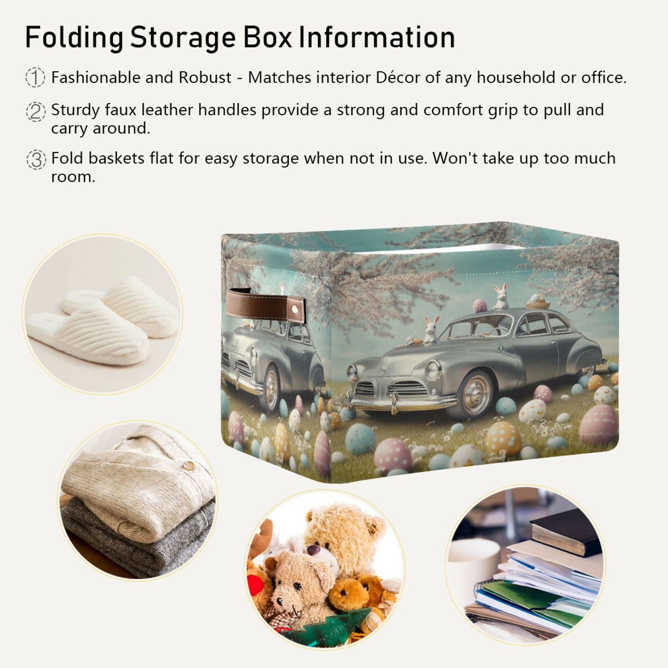 Car and Easter Eggs Foldable Storage Basket,Canvas Fabric Foldable Storage Bins with Handles Open Home Storage Bins Boxes for Toy Book Shelf Closet Baskets