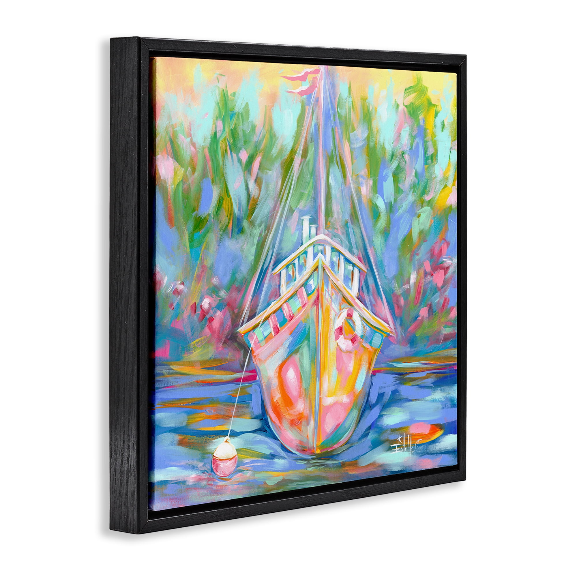 Stupell Industries Boat In Waiting Transportation Painting Black Floater Framed Canvas Art Print Wall Art, 25 x 25