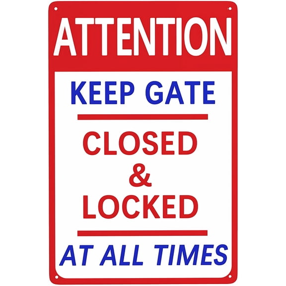 Notice Sign Keep Gate Closed & Locked at All Times (Blue Red On White) - 8"x12" Sign, Gate Security Decor for Home Business Outdoor Indoor
