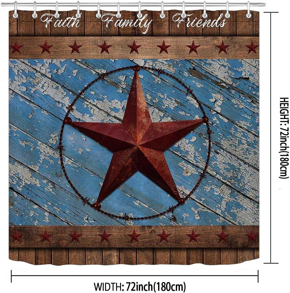 Texas Star Shower Curtain, Western Shower Curtain, Red Texas Star Lone Star Country Vintage Blue Wooden Board Rustic Farmhouse Bathroom Decor, Waterproof Fabric Shower Curtain, 72 X 72 Inch