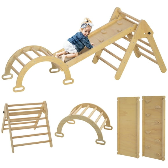 Qaba 5 in 1 Pikler Triangle Set with Ladder, Ramp, Arch, Nature Wood