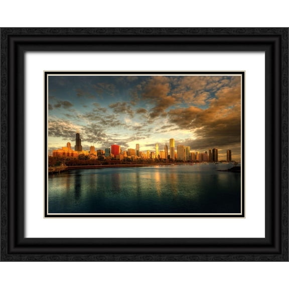 SMO 32x24 Black Ornate Wood Framed with Double Matting Museum Art Print Titled - Chicago skyline over lake Michigan as sunrise enters a new day