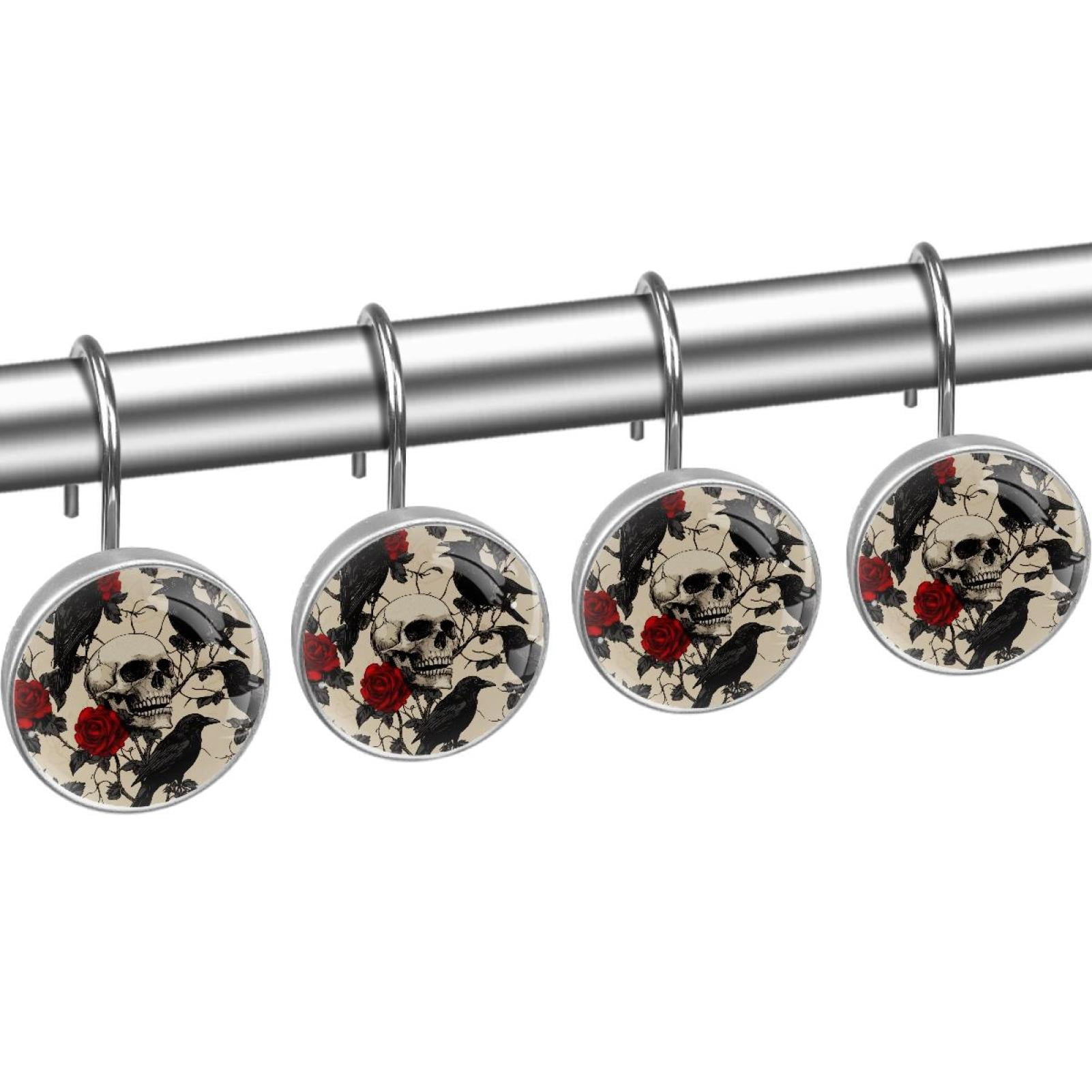 Ravens Skull Roses with Leave Shower Curtain Hooks Round Crystal Glass, Set of 12 Shower Curtain Rings - Shower Hooks for Curtain Shower Rings