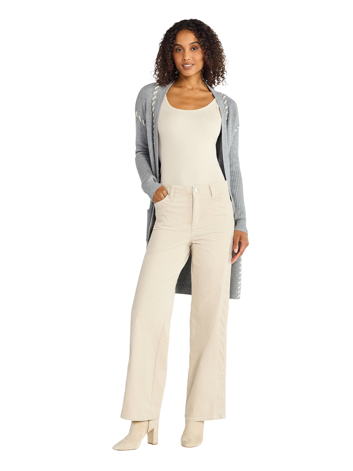 Time and Tru Women's and Women's Plus Corduroy Seamed Wide Leg Pants, 31" Inseam, Sizes 2-22