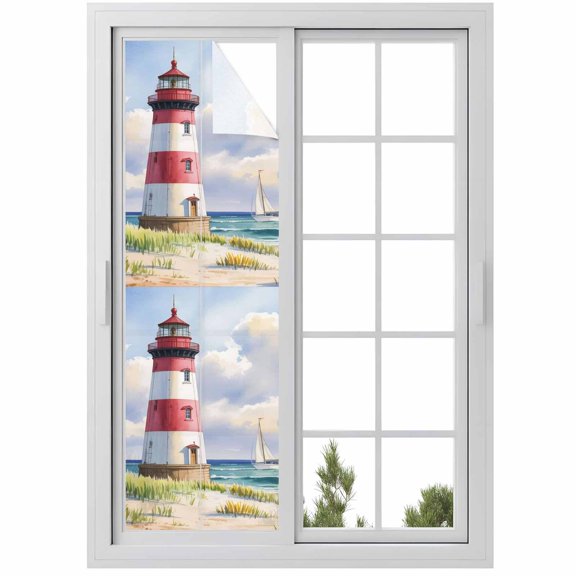 Beach Lighthouse Window Privacy Film, Coastal Ocean Ship Sky Oil Painting Static Cling UV Sun Blocking Heat Control Window Tint Day and Night, Non-Adhesive One Way Windows Privacy Cover 17.7''x78.7''