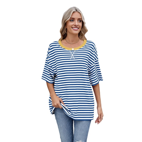 Women'S Striped Color Clash Loose Short Sleeve Top Blue and White M