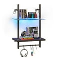 thumbnail image 6 of Bestier 2-Tier Floating Shelves for Wall with LED Light 15" x 23" Wall-Mounted Wood Shelves with 6 S-Hooks, Black Carbon Fiber, 6 of 11