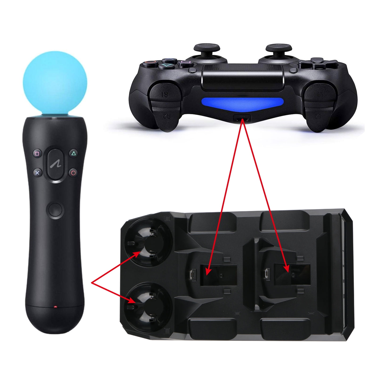 Charger for PS4 VR PS Move, TSV USB Charging Dock Stand Fit for Playstation 4 PS4 PS Move and Pro Controller, 4 in 1 Fast Charging Charger for PS4 Controller -