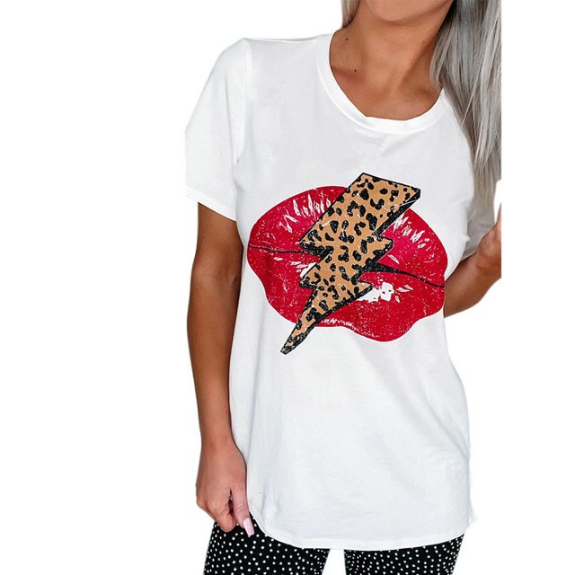 DYMADE Femme Col Rond Léopard Lèvres Manches Courtes Haut Décontracté Blouse