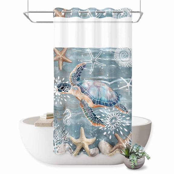 No Hook Shower Curtain for Bathroom, Blue Turtle Coastal Waterproof Hotel Quality Shower Curtains, Summer Beach Nautical Starfish Coral Single Layer & Mesh Top Washable Fabric Bath Curtain 54''x78''