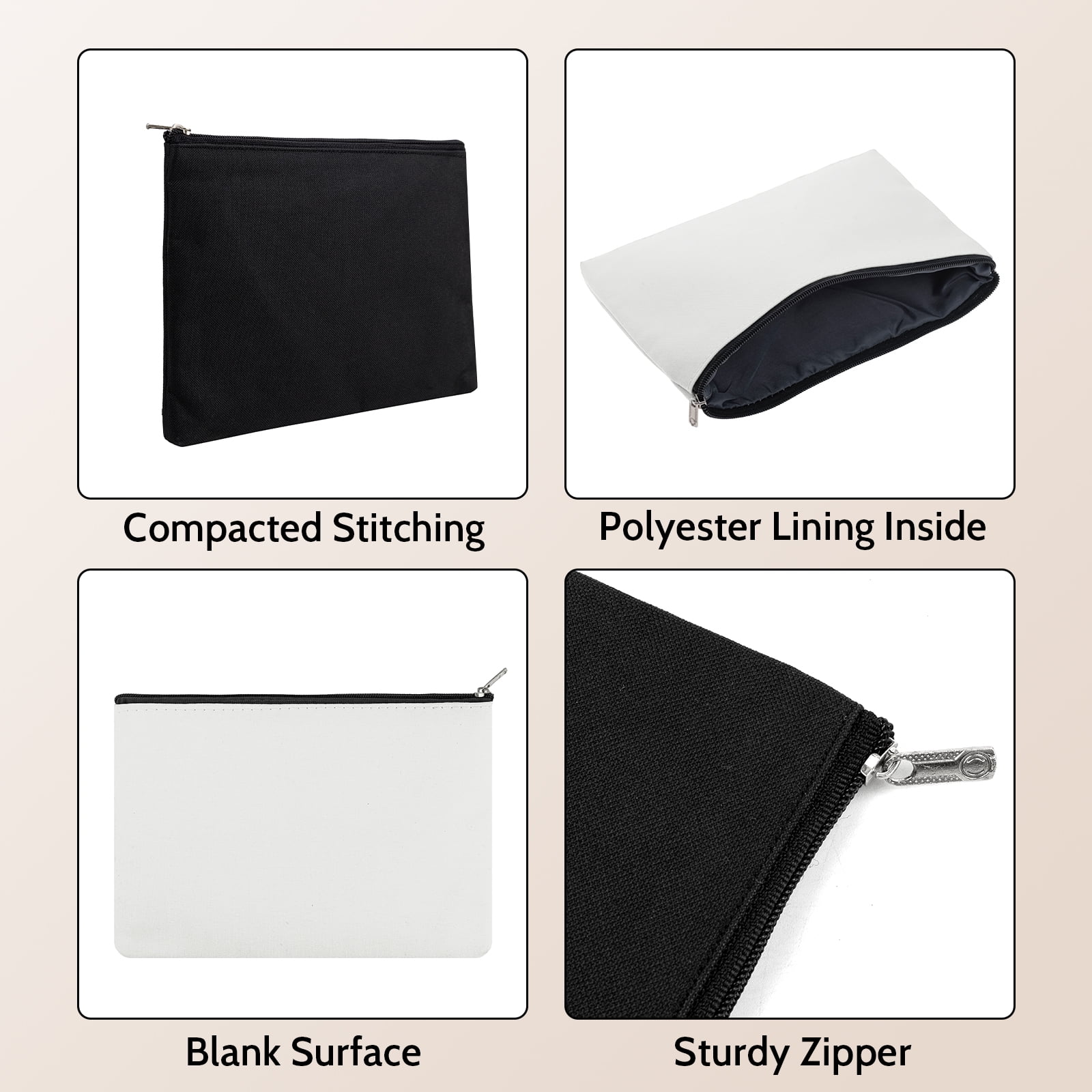 Aspire 12-Pack Canvas Zipper Bag with Lining, Black Cosmetic Pouch, 6-3/4" x 4-3/4" Pencil Bag, Christmas Gift Bag