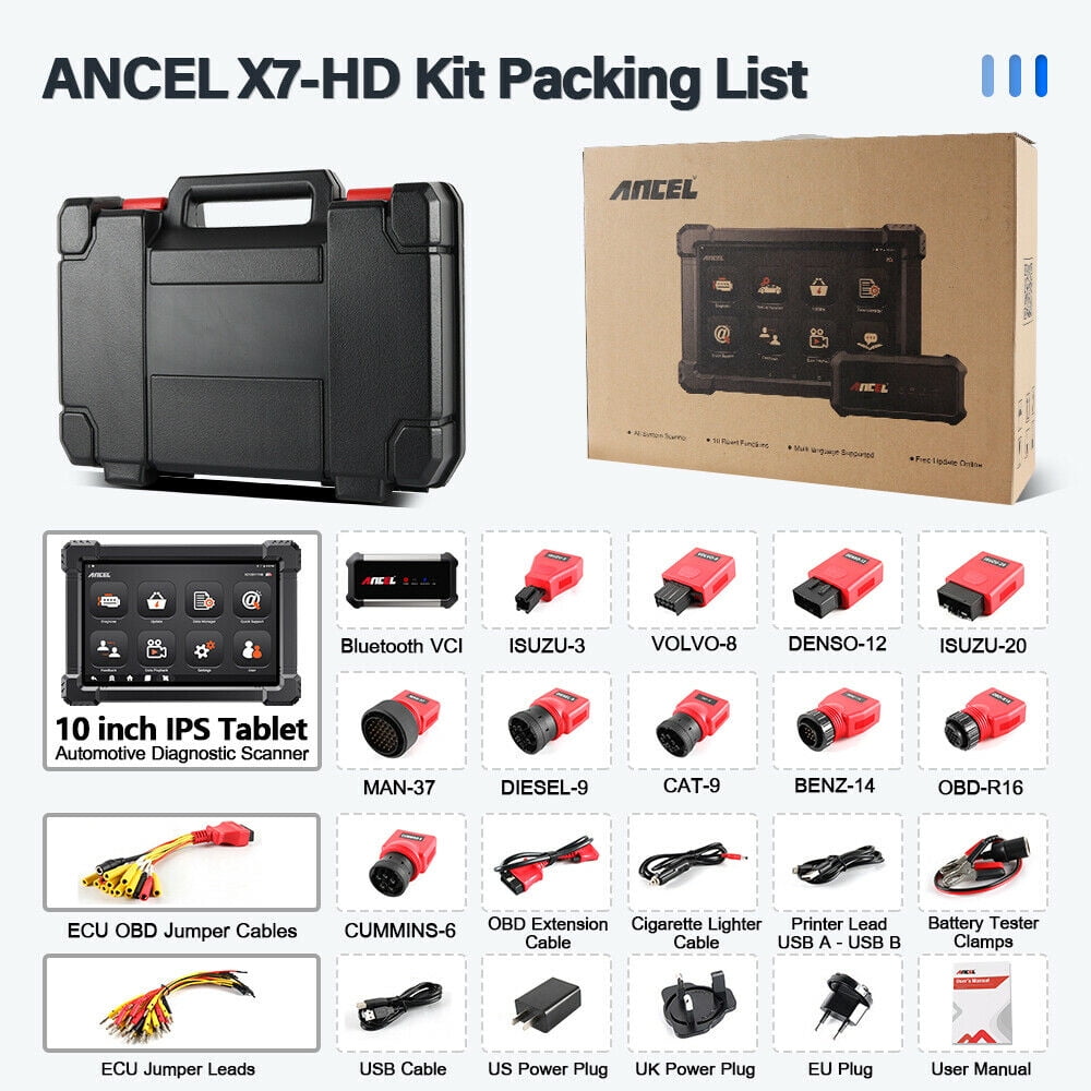 ANCEL X7 HD Heavy Duty Truck Scanner Tablet Diesel Truck Diagnostic Tool ECU Reset Full System Bidirectional Control Free 15 Reset Services,24V Truck 12V Car 2in1 Code Reader, Gift:Car Battery Tester