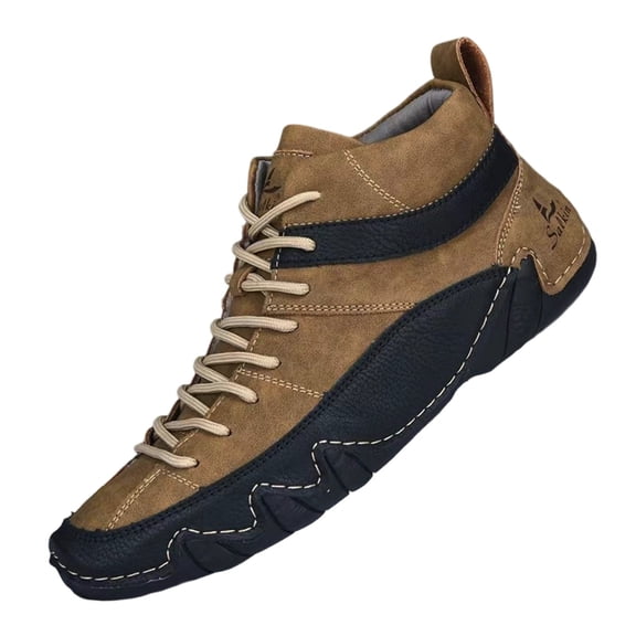Xiaoxatg Men's Casual Leather Boots High Top Handmade Stitching Comfortable On Flat Heel Footwear Ideal for Daily Wear with Jeans During Autumn and Winter 11.5 Brown