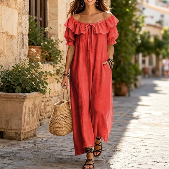 Blmnix with Pockets Dresses for Women 2026 Peplum Off The Shoulder Long Summer Dresses Under Dress Short Sleeve Red Cocktail-Length Boat Neck Plus Size Summer Dresses XL