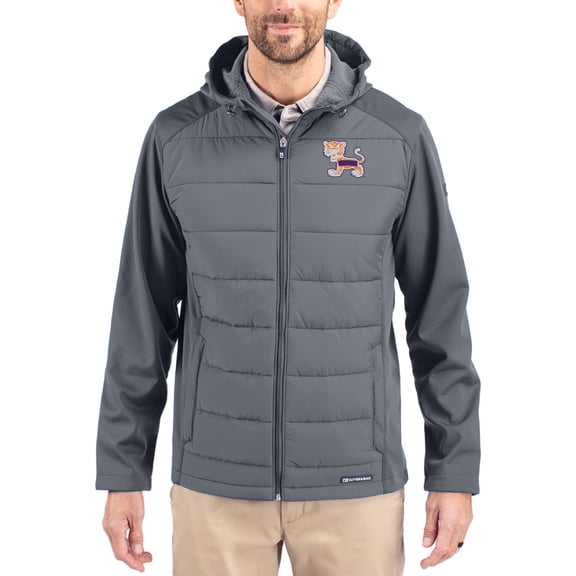 Men's Cutter & Buck Gray Clemson Tigers Evoke Hybrid Eco Softshell Recycled Full Zip Hooded Jacket