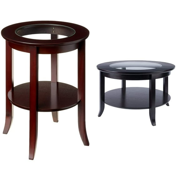 Frenchi Home Furnishing Round Side Accent Table with Insert Glass, Espresso &amp; Winsome Wood Round Coffee Table, Espresso