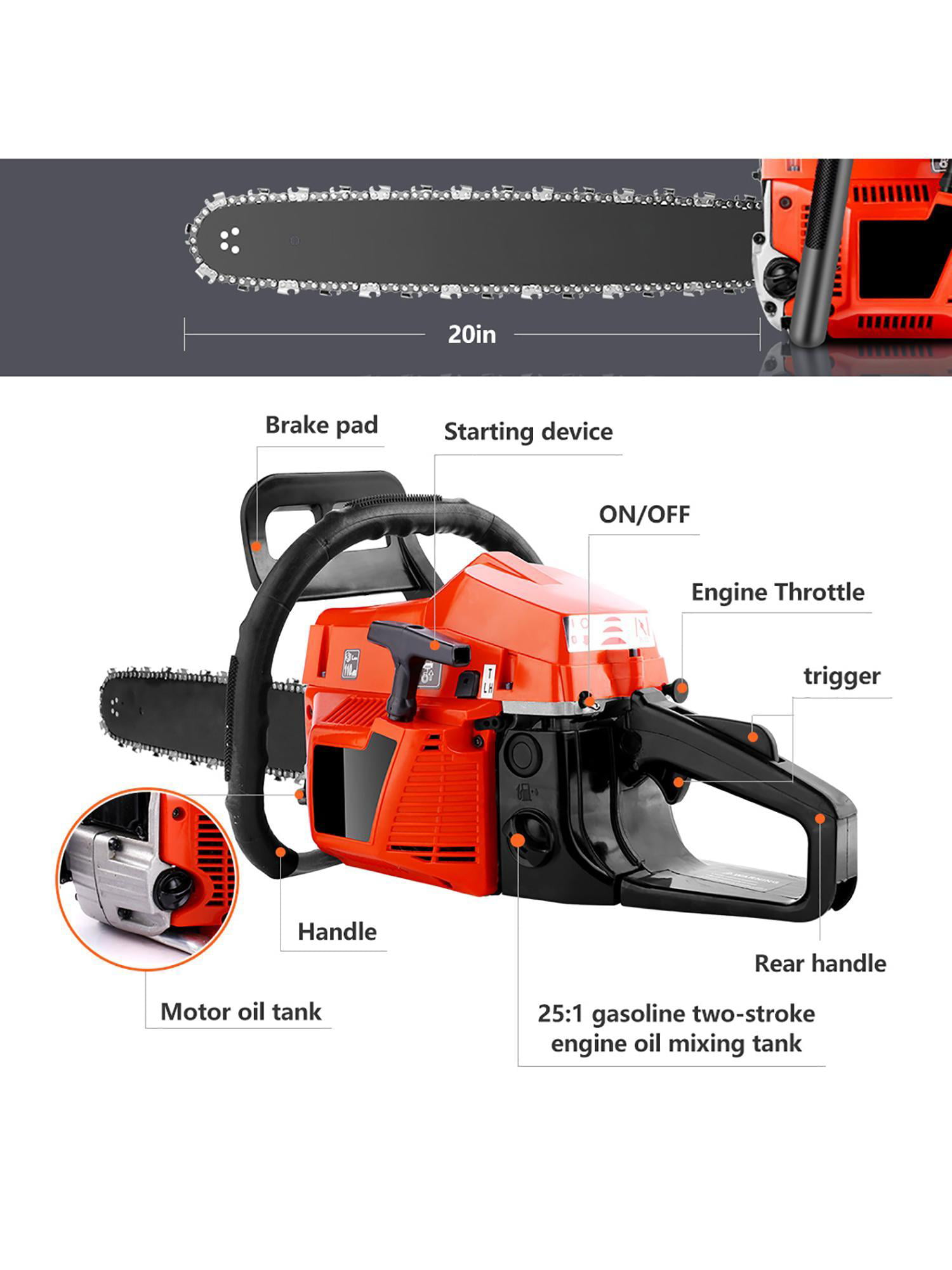 58cc Gas Powered Chainsaw 20 Inch 2 Stroke Handed Petrol Gasoline Chain Saw Red