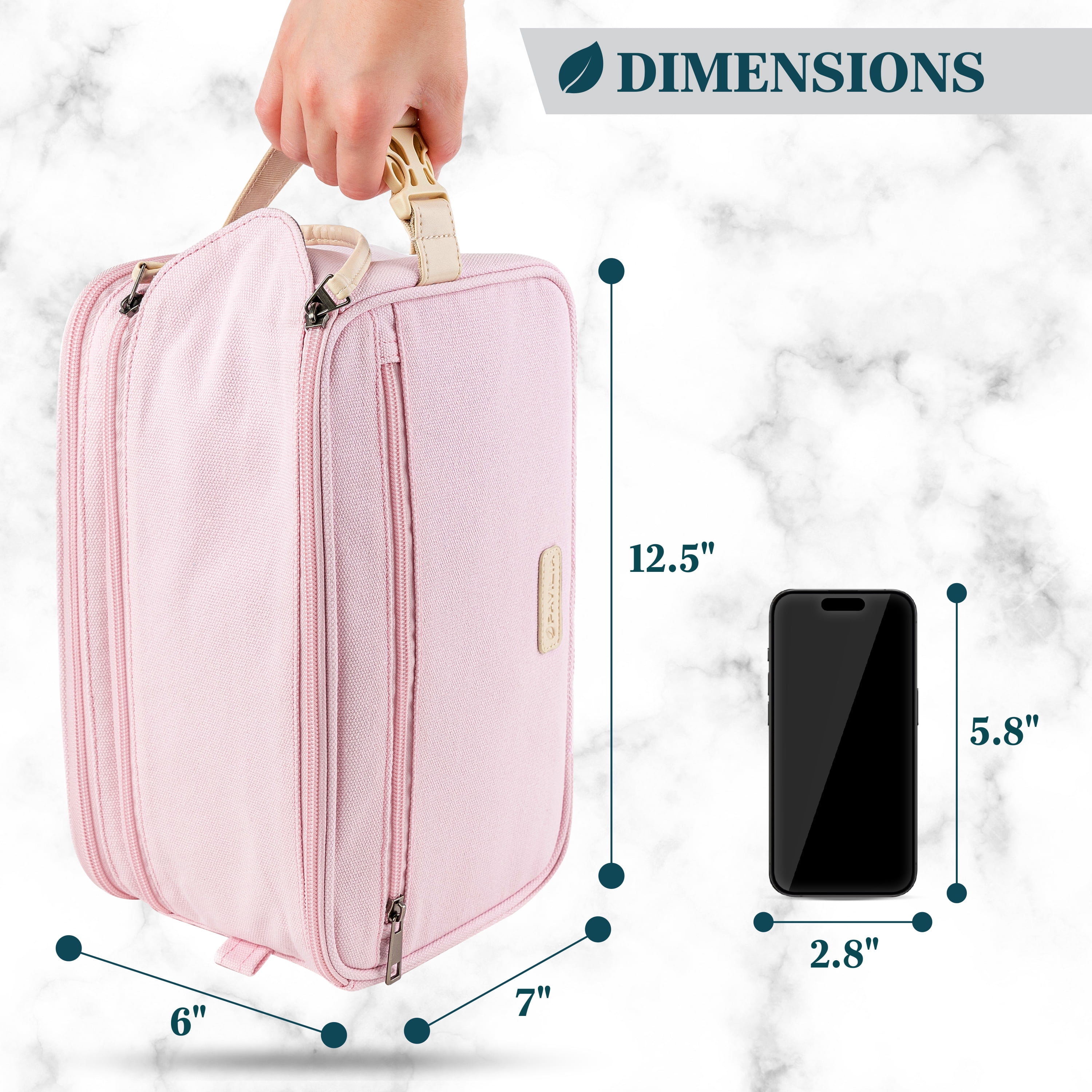Pavilla Toiletry Bag, Mens Dopp Kit Bag, Canvas Travel Toiletry Bag, Water Resistant Shaving Bathroom Organizer for Travel, Gym, Shower Toiletries Storage for Grooming Accessories (Extra Large, Pink)