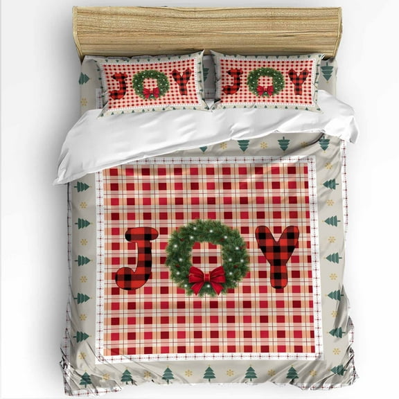 Joy Christmas Garland King Size Comforter Set, Xmas Tree Red Plaid Vintage Winter Soft Bedding for All Seasons, 4 Pcs Bed Set with 1Comforter (90"x106") ,1 Sheet(94"x116"), 2 Pillowcases (19"x35")