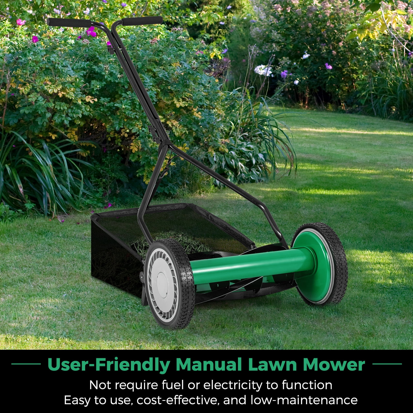 Gymax 14'' Manual Reel Mower w/ 5-Blade 6.6 Gallon Removable Grass Catcher for Garden Green