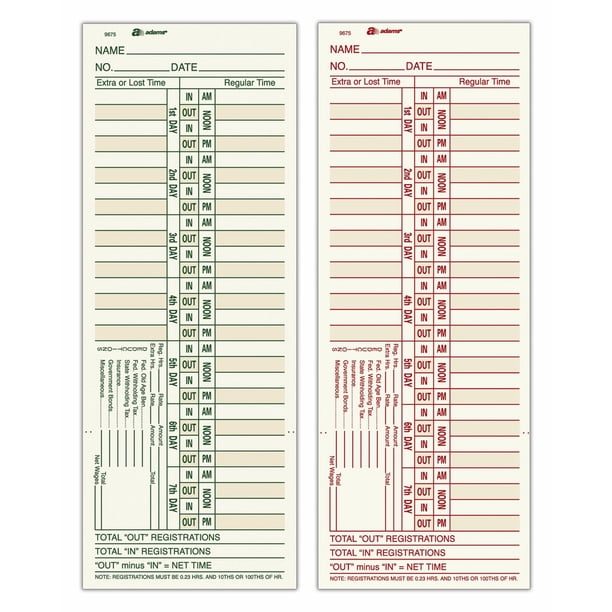 Tarjetas de Tiempo Adams Quincenales de 2 Caras para Horas Extra, Paquete de 200