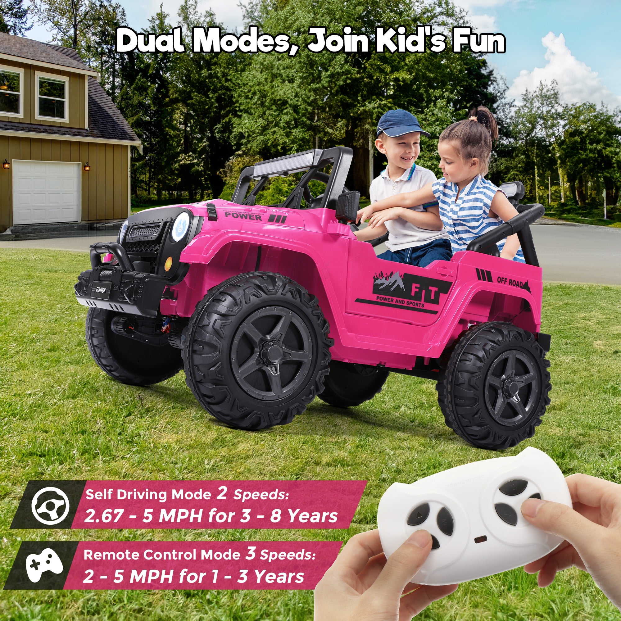 FUNTOK 24 Volt 2 Seater Kids Ride on Toys w/ 20 " Large Seat, 4 x 200W Motor Electric Vehicle Car, 4WD/2WD Switchable Battery Powered Ride on Truck, 3 Speeds with Remote Control & LED Lights, Pink