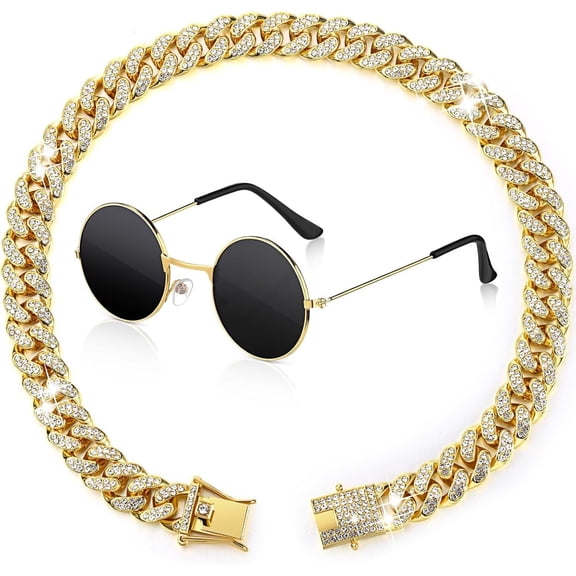 Pet Hip Hop Cat Dog Chain Collar and Round Sunglasse Set with Secure Buckle cool