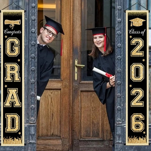 Coolmade Class of 2026 Graduation Porch Banners, 2 Pack Black Gold Congrats Grad Door Signs, 12x72 Inch Hanging Decorations for High School College Indoor Outdoor Graduation Party Supplies