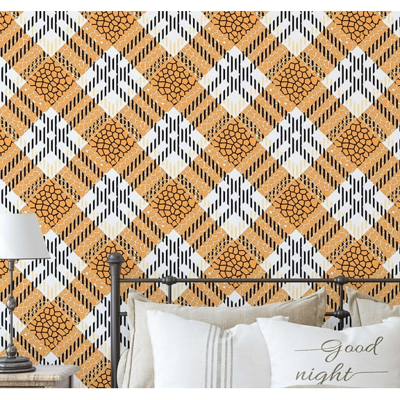 S4Sassy Self Adhesive Wallpaper, Mosaic Check Print Wallpaper, Orange Removable Diy Vinyl Wall Covering, Peel And Stick Contact Paper For Entryway Accent Wall, Easy Home Decor Solution (25"X 120")