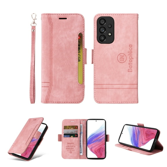 for Samsung Galaxy A53 5G Flip Case, Slide Card Pocket Premium PU Leather Folio Flip with Design Card Slots Wrist Strap Shockproof Kickstand Magnetic Protective Cover for Samsung A53 5G, Pink