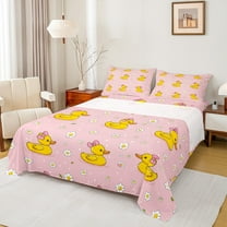 jejeloiu Kawaii Yellow Duck Bed Sheets,Cartoon Daisy Flower King Sheets,Pink Yellow Sheet Set For Girl Kids,Luxury Bedroom Decor,4-Piece