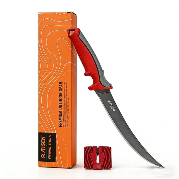 ATISEN Fillet Fishing Knife Set 9 Inch Stainless Steel Blade Non-Slip Rubber Handle with Knife Sharpener 2 Piece