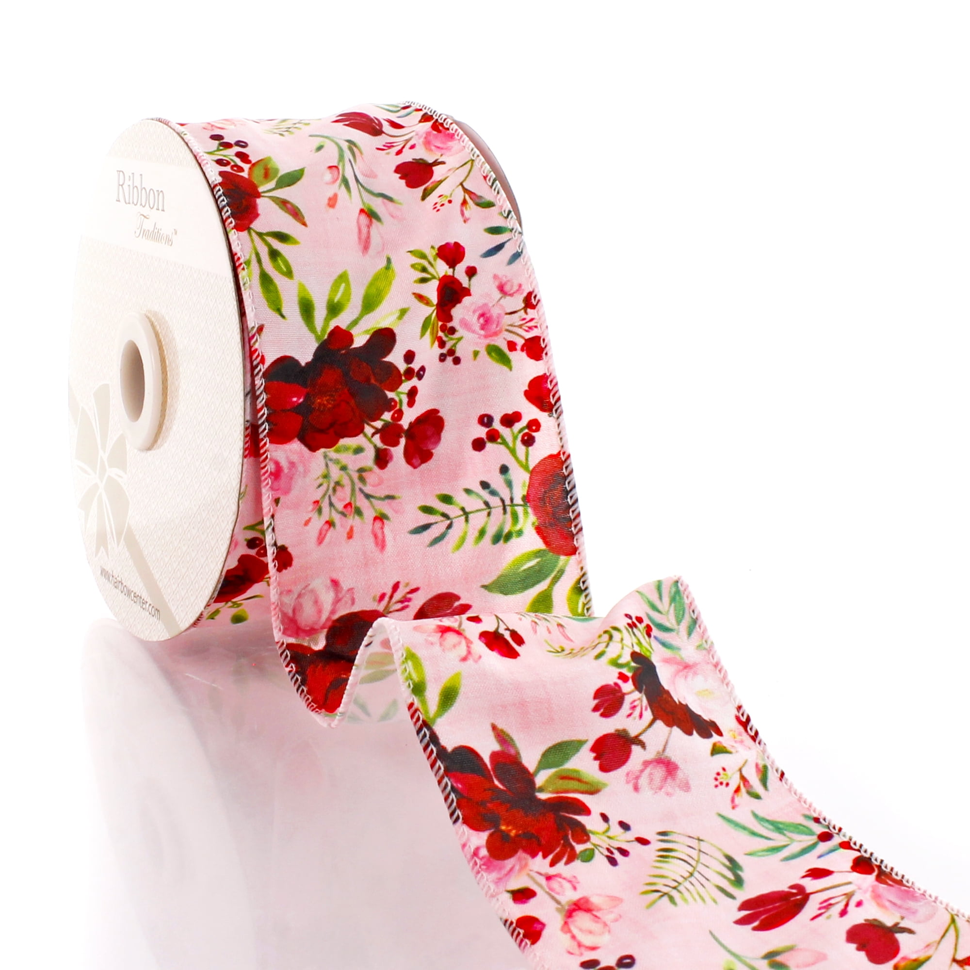 2 1/2" Wired Ribbon Pink and Red Roses 25yds